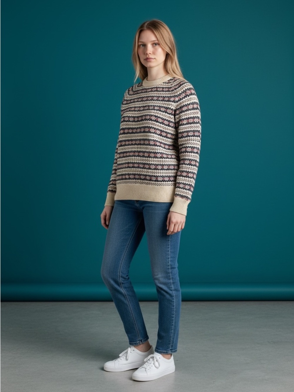 J. Crew Cream, Navy & Red Fair Isle 100% Lambs Wool Sweater